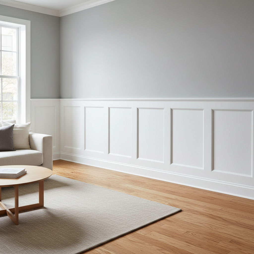 Finished white wainscot wall paneling in a bright modern living room with evenly spaced raised panels and cap moulding