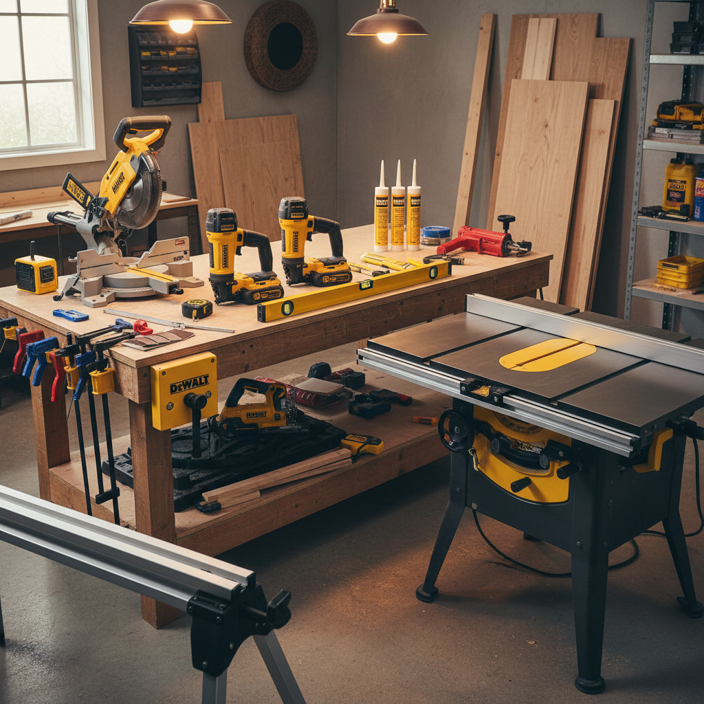 Flat lay of wall paneling installation tools including tape measure, spirit level, brad nailer, combination square, chalk line, sandpaper, clamps, and caulk gun on a workbench