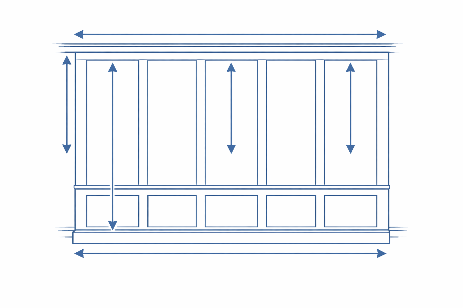 Blueprint-style diagram illustrating a wall paneling layout with vertical panels and measurement arrows at the top, middle, bottom, left, center and right